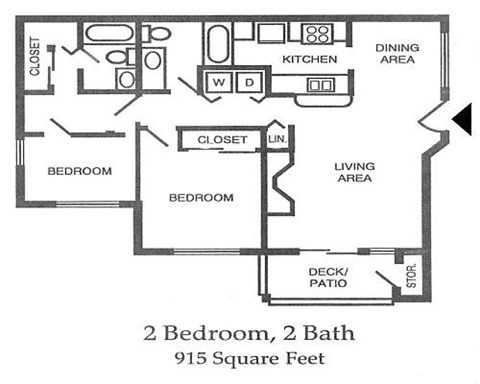 A black and white image of a floor plan for a 2 bedroom, 2 bath house.